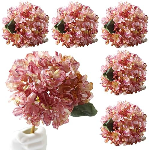 Nvzi Künstliche Hortensien, Seidenblumen, Stiel, künstliche Hortensien, Blumen, für Hochzeit, Zuhause, Garten, Tafelaufsatz, 36 cm, Braun / Rosa, 5 Stück