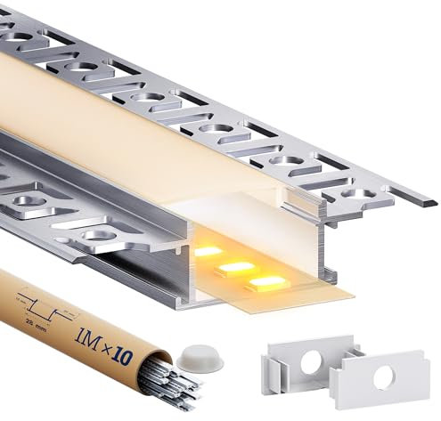 Profilé Alu pour Ruban LED 1m 10 Pièces – Rail LED avec Diffuseur LED Blanc Opale – profilé led encastrable Placo pour un Éclairage Doux et Homogène – Compatible Bandes led (SA01, 1M 10 pièces)