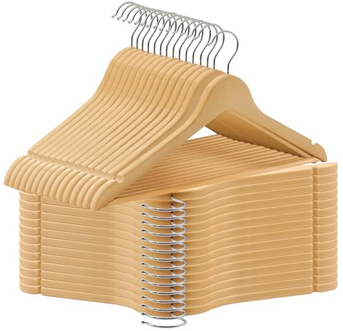 ABHENG 30 Stück Kleiderbügel aus Holz, 360° drehbarer Haken, Anzugshänger mit rutschfesten Kerben, Kleiderhänger für Jacken, Hemden, Kleider, 44,5 x 0,85 x 21.5 cm, Naturfarben AWY0530N