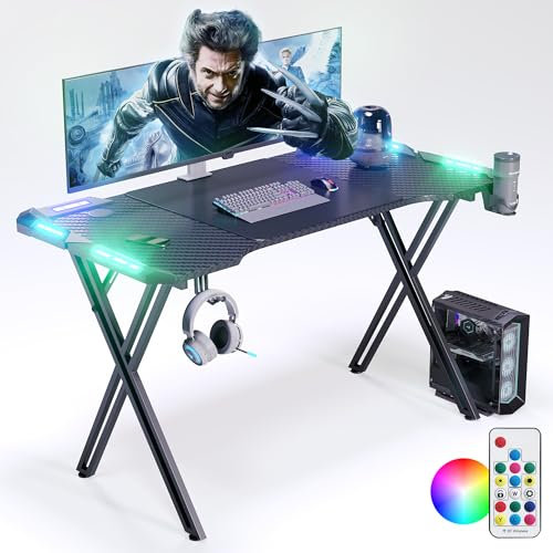 AufuN X-Frame Bureau de jeu avec LED, 120 x 60 cm, bureau PC stable avec revêtement en fibre de carbone, table de jeu ergonomique avec crochet pour casque et porte-gobelet