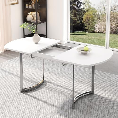 Soweiz Mesa de comedor extensible 140/180 x 80 cm, longitud extensible 180 cm, patas de metal plateadas, soporte de aleación de alta resistencia, adecuado para 4 – 6 personas, color blanco + plateado