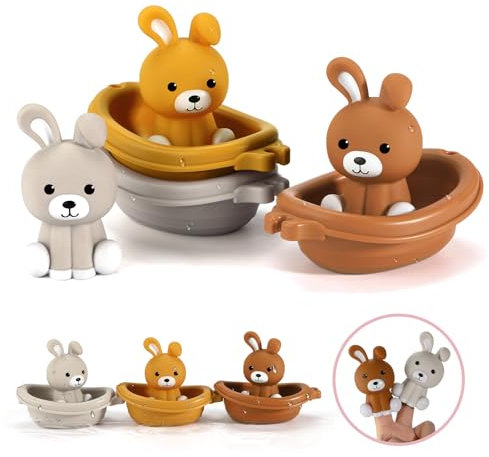 Nueplay Badewanne Spielzeug für Kleinkinder 18M+,Baby Bad Spielzeug mit Tier Finger Puppets, Stapelbare Boot Zug, Osterhasen Geschenke für Baby Kleinkinder Set von 6