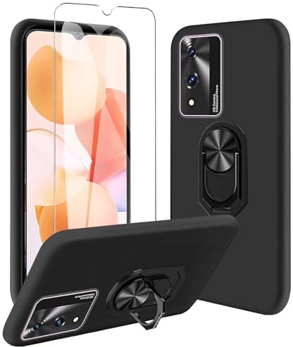 JDXHFF Hülle Kompatibel mit Cubot A10 (6.56) Schwarz und 360° Drehbarer Ständer und Panzerglas Displayschutzfolie - Schutzhülle Weich Silikon Flexibel TPU Tasche Case