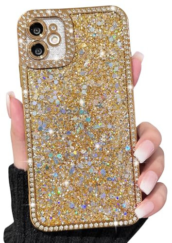 NITITOP Kompatibel mit iPhone 11 Hülle Glitzer Glänzend Pailletten Design für Mädchen Frauen Luxus Bling Kristall Diamantrahmen Voller Kameraschutz Stoßfeste Schutzhülle Handyhülle - Gold