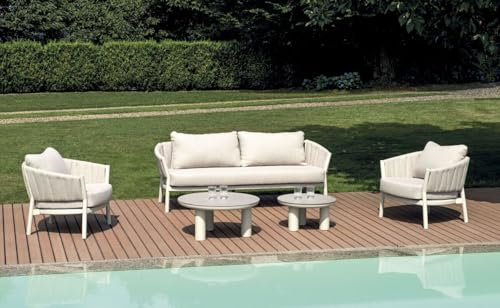 Gruppo Maruccia - Wohnzimmer für Außen- und Innenbereich, 5-Sitzer - Gepolstertes Aluminiumgestell, mit Sofa, Sessel. Doppelter Glastisch - Kissen inklusive - Heimeinrichtung, Hotel