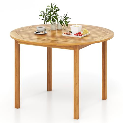 GOPLUS Gartentisch rund, Ø110cm Terrassentisch wetterfest aus Akazienholz, großer Holztisch mit Lattenrost für 4 Personen, Outdoor Esstisch für Garten Hof Rasen Veranda Poolbereich, Natur