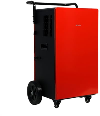 BE COOL Bautrockner/Luftentfeuchter 110l BC110LEF2202 – Entfeuchtung ca. 110l/24h, Metallgehäuse, Griff und Laufrollen, Luftumwälzung: 700 m³/h, bis max. 230 m² Raumgröße, integr. Pumpe, schwarz/rot