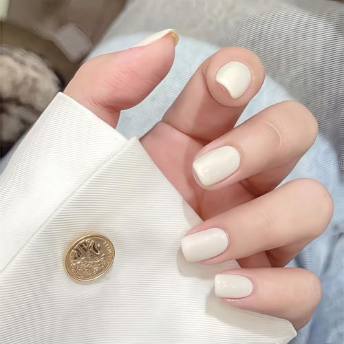 24Pcs Glossy White Press-on Nails- Short Square Full Cover Fake Tips for Women's Nail - Cute Solid White Acrylic Design for Women and Girls