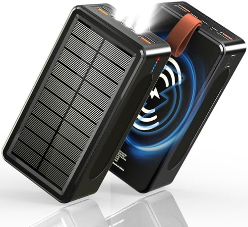 Batterie Externe Solaire 90000mAh, 35W PD 3.0A USB C Power Bank Charge Rapide avec 7 Port (4 USB & 2 Type-c), 15W Chargement sans Fil, Lampe de Poche, Chargeur Solaire pour Téléphone
