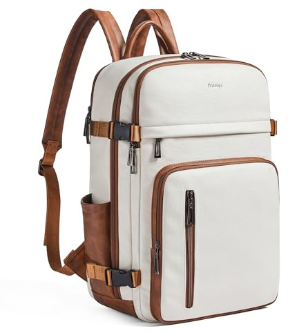 tiamyi Leather Backpack for Women and Men, Fits 17 Inch Laptop, Stylish Lay-Flat Carry-on Vegan Leather Rucksack with Luggage Strap for Daily Use, Laptop Backpack