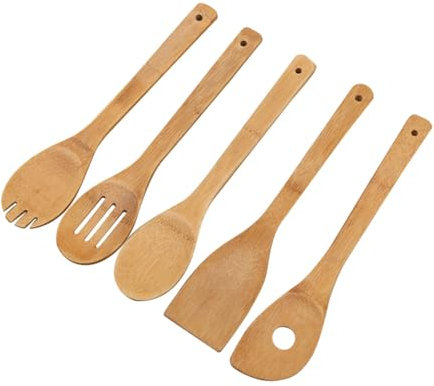 LABRIMP 5 Piezas de Cocina de Madera de Cucharón Ranurada y Tenedor Redondeado Antiadherentes y