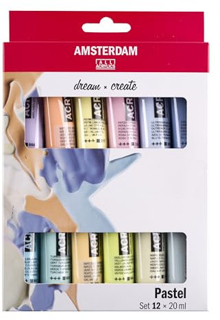 Amsterdam Set de pintura acrílica 12 x 20ml Colores pastel suaves – Alta fuerza de coloración, viscosidad constante, embalaje ecológico – Para artistas, aficionados, estudiantes
