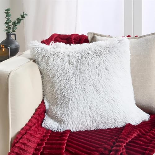 OHS Fluffy Cushion Covers 45 x 45cm Grey, Ultra Soft Plush Two Tone Design Decorative Square Throw Pillow Covers Pack of 2 with Invisible Zipper for Couch Living Room Bedroom
