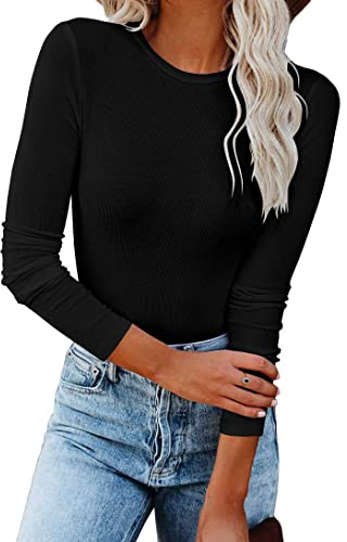 INFITTY Spring Long Sleeve Shirts for Women Lace Sexy V Neck Ribbed Fitted T-Shirt Casual Blouses 2026 Trendy Cute Tops