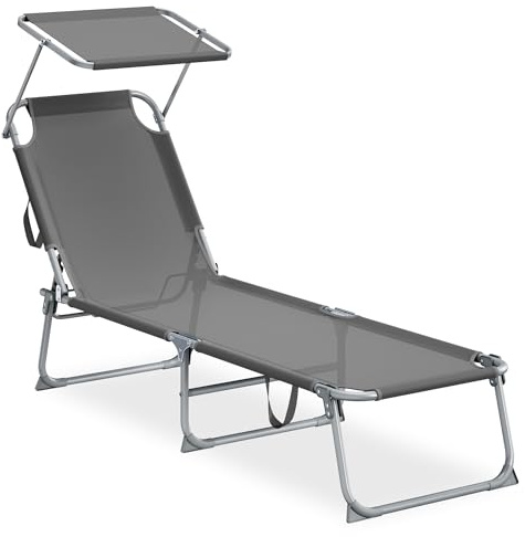 SONGMICS Sonnenliege klappbar, 189 x 53 x 28,5 cm, Gartenliege | Liegestuhl, belastbar bis 110 kg, verstellbare Sonnenblende und Rückenlehne, für Terrasse, Balkon, grau, GCB194GZ02