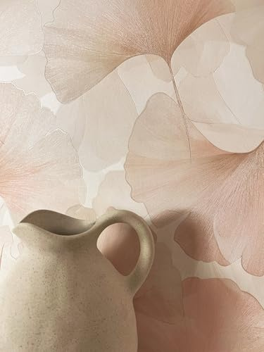 Newroom Vliestapete Rosa Blumen Ginkgo Blatt Tapete Wohnzimmer | changierender Schimmer, feine Blattadern Reliefstruktur, Boho Japandi Wandtapete, florale Mustertapete, Schlafzimmer Flur