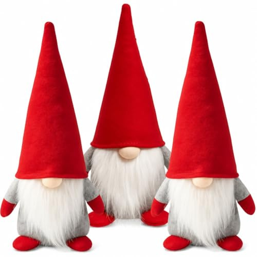 MIJOMA Weihnachtswichtel 3er Set - Deko-Wichtel mit hoher Mütze - skandinavische Stoff-Zwerge - 22 cm - Winterdeko Figuren für Weihnachten & Advent - stehende GNOME aus Plüsch (Rot)