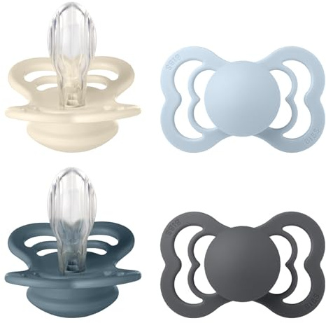 BIBS Supreme Schnuller, 6-18 Monate, 4er-Pack, Ivory/Baby Blue/Petrol/Iron | Symmetrischer Sauger | Silikon | Größe 2 | BPA-frei | Hergestellt in Dänemark | Hohe Akzeptanz | Luftlöcher | Komfortschild