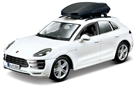 Bburago Porsche Macan mit Dachbox, weiß, 19cm - Modellauto 1:24 Die-Cast Originalgetreues Sammlerauto Spielzeugauto mit beweglichen Türen, ab 3+ (18-23013)