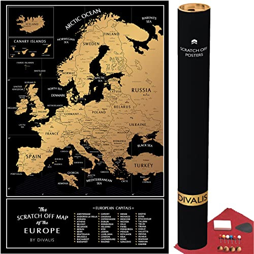 Großes Rubbelkarte Europa 60x40 cm – Kratzbare Europakarte zum Freirubbeln – Reisekarte Europa Poster – Landkarte zum Abkratzen mit Zubehör – Scratch off Travel Map Europe