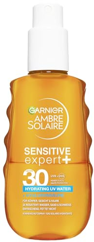 Garnier Ambre Solaire Sensitive Expert + Hydrating UV Water Sonnenschutzspray LSF 30, Hoher UV-Schutz für Körper, Gesicht und Haare, Erfrischend, wasserfest und nicht fettend, 150 ml