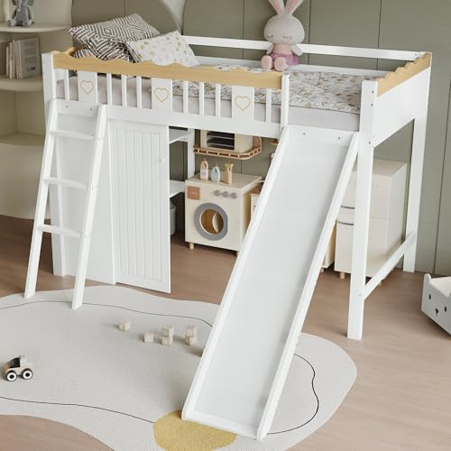 Kelodan Letto a soppalco con scivolo per bambini, armadio e armadietto sotto il letto, recinzione a quattro lati, compensato di pino MDF, bianco naturale, 90 x 200 cm