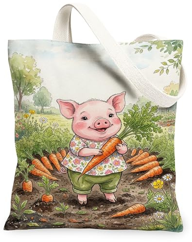 Tragetasche aus Segeltuch mit Schweinchen für Damen, Frühling, verspielte Karottenblume, Frühlingsgrün, waschbar, wiederverwendbar, kleine Tragetaschen, Ideen für Einkäufe, Grün , 13x15 Inch