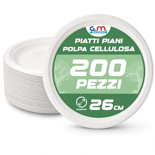 G.M. DISTRIBUZIONE 200 Piatti Rotondi Piani 26 cm Bianchi in Polpa di Cellulosa, Compostabili e Biodegradabili, Adatti al Microonde, per Secondi Barbecue Feste Catering