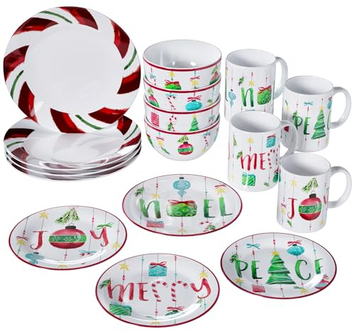 American Atelier 16-Piece Christmas-Themed Stoneware Dinnerware Set - Green/Red