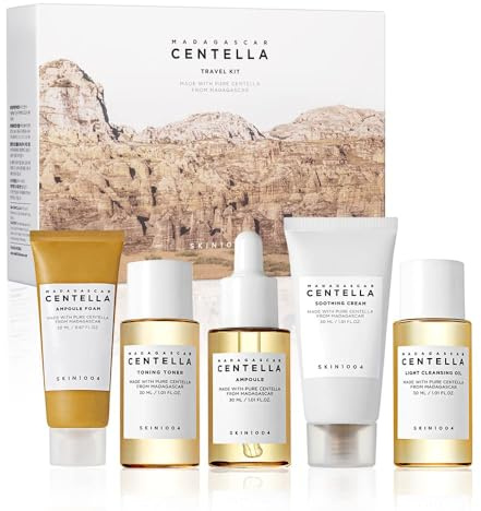 SKIN1004 Madagascar Centella Travel Kit, Toner, Ampoule, Soothing Cream, Cleansing Oil, Ampoule Foam, Basic Skincare Trial Kit Box , Gift Sets for Mom, Women & Mothers Day, Compact Size