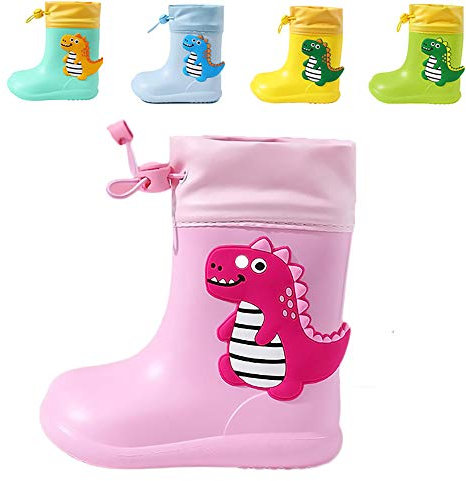 DRECAGE Stivali Gomma Bambino e Bambina Ragazzo e Ragazza Stivali da Pioggia Dinosauro Impermeabile Rosa 22/23 EU 150 MM