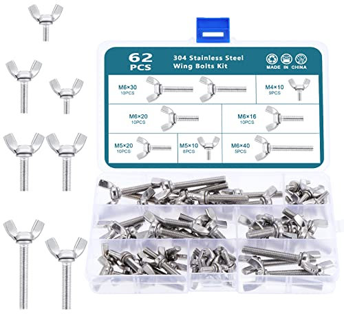 HSEAMALL 62-teiliges Edelstahl-Flügelbolzen-Set, M4 M5 M6 Schmetterlingsflügelschrauben, Rändel-Handschrauben für Maschinenausrüstung