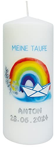 Wiedemann Kerzen Taufkerze Meine Taufe mit Regenbogen auf Wasser 200 x Ø 80 mm mit individueller Namensverzierung aus Wachsbuchstaben