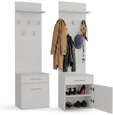 CDF Coat Rack Set Cabinet Entryway Shoe Rack with 5 Hooks and 5 Hooks Wardrobe Entryway Set of Wardrobe/Coat Rack Entryway Furniture No Need to Make Holes White