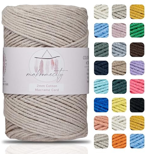 Makromecity, Cotton Macrame Cord 2mm x 195 Yards (590 feet) 2mm Recycled Cotton Crochet Yarn for Macrame Art & Crafts for Wall Hangings, Bags, Underplate, Rug (25 Colors Available) (Latte)