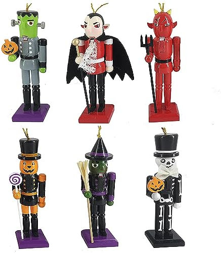 Nutcracker Ballet Gifts Halloween Tree Ornaments Set, Wooden Figure Decorations, Spooky Scary Holiday Christmas Home Decor, Set of 6, Dracula, Frankenstein, Red Devil, Skeleton, Goblin, Pumpkinhead