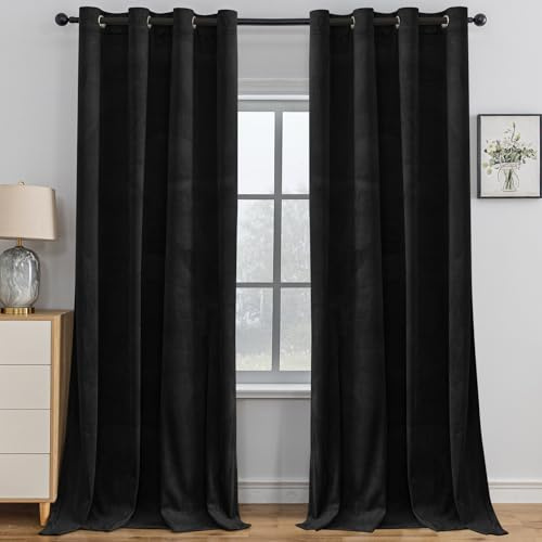 YSTELLAA Gardinen Samt 2er Set, 140×180 cm, Verdunklungsvorhänge Mit Ösen, Vorhang Blickdicht Wohnzimmer Modern, Thermovorhang Schlafzimmer, Schallschutz Vorhang, Blackout Curtain, Schwarz