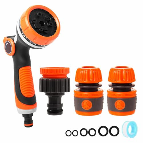 Garden Hose Pipe Spray Gun Hose Nozzle with Tap Hose Connectors and Fittings Set, Multi Adjustable Patterns High Pressure Water Hose Spray Gun for Plants Lawns Watering, Pets Bathing, Car Cleaning
