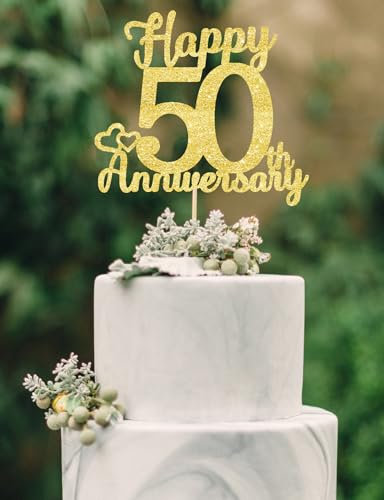 veegood 50th Anniversary Cake Topper - Gold, 1 Count, 7.3 Inches, Double Sided Glitter, Perfect for 50th Wedding Anniversary Parties