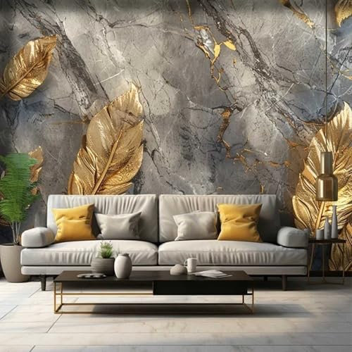 Kitquiver 3D Feuilles Dorées Papier Peint 3D Papier Peint Photo 3D Texture Marbre, Peinture Murale De Décoration De Fond De Plafond De Salon Chambre À Coucher 200x140cm