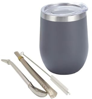 Ruikcoll Taza de té mate de doble pared de acero inoxidable resistente al calor con tapa sin BPA, dos pajitas y cepillo de limpieza (gris)