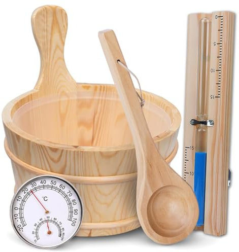 Juego de cubos para sauna (4 litros), cubo de sauna con paleta, cubo de sauna de madera con cucharón, reloj de arena, termo, higrómetro, cubo de sauna resistente al calor, 4 l, incluye inserto