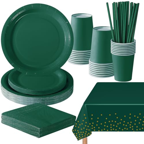 PYAILI Anniversaire Vaisselle de fete 121 Pièces Vert Foncé Party Assiettes en Papier Set Assiettes de Fête Papier Tasses Serviettesr, pour Barbecue les Fêtes les Pique-niques -24 Invités