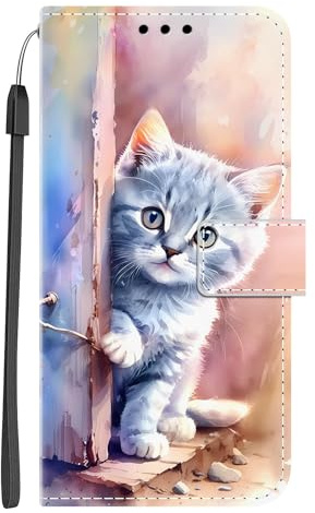 Xkladz Hülle für Samsung Galaxy A17 4G / 5G Silikon Handyhülle Flip Cover mit Motiv für Mädchen Junge Klapphülle Klappbar Case PU Leder Schutzhülle Stoßfeste Handytasche Lederhülle, Katze