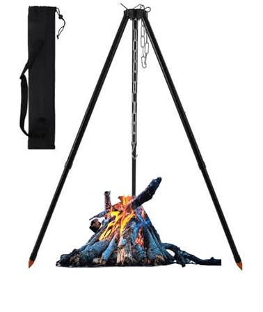Kivinia Camping Tripod for Cooking, Portable Adjustable Outdoor Cooking Campfire Tripod Grill with Hanging Chain, Hook & Carry Bag, Camping Accessories for Hanging Cookware, Picnic and Party BBQ