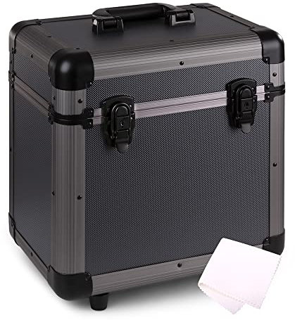 LP Grey Vinyl Record Storage Case and Anti-Static Cleaning Cloth Bundle - Protective DJ Storage Box Holds 80x 12 LPs, Stackable Titanium Design, Foam-Lined Interior, Lockable Latches Included