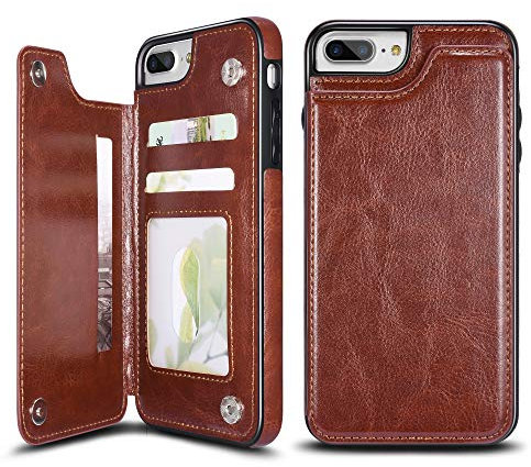 UEEBAI Case for iPhone 6 Plus 6S Plus, Luxury PU Leather Case with [Two Magnetic Clasp] [Card Slots] Stand Function Practical Soft TPU Case Back Wallet Flip Cover for iPhone 6 Plus/6S Plus - Brown