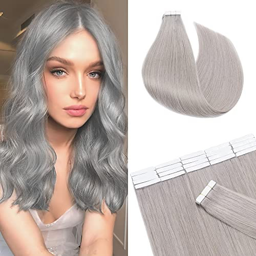 SEGO Tape in Extensions Echthaar Haarverlängerung Klebeband Haarteil 100% Remy Human Haar (20 stück+10pcs free tapes) Grau 20(50cm)
