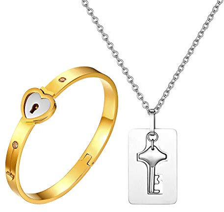 Cupimatch Paar Schmuck Set mit Gravur Pärchen Armband Halskette Edelstahl Herz Schloss Armreif und Schlüssel Dog Tag Anhänger mit 45cm Kette für Damen Herren, Gold Silber