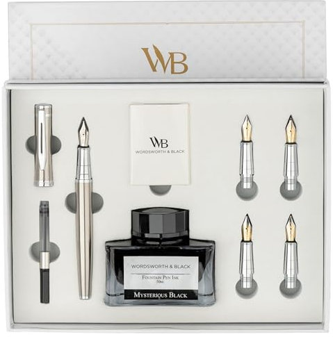 Wordsworth & Black Fountain Pen Geschenkset, enthält Tintenflasche, 6 Tintenpatronen, Tintennachfüllkonverter, 5 Ersatzfedern, Premium-Paket, Journaling,[Silber Chrom]